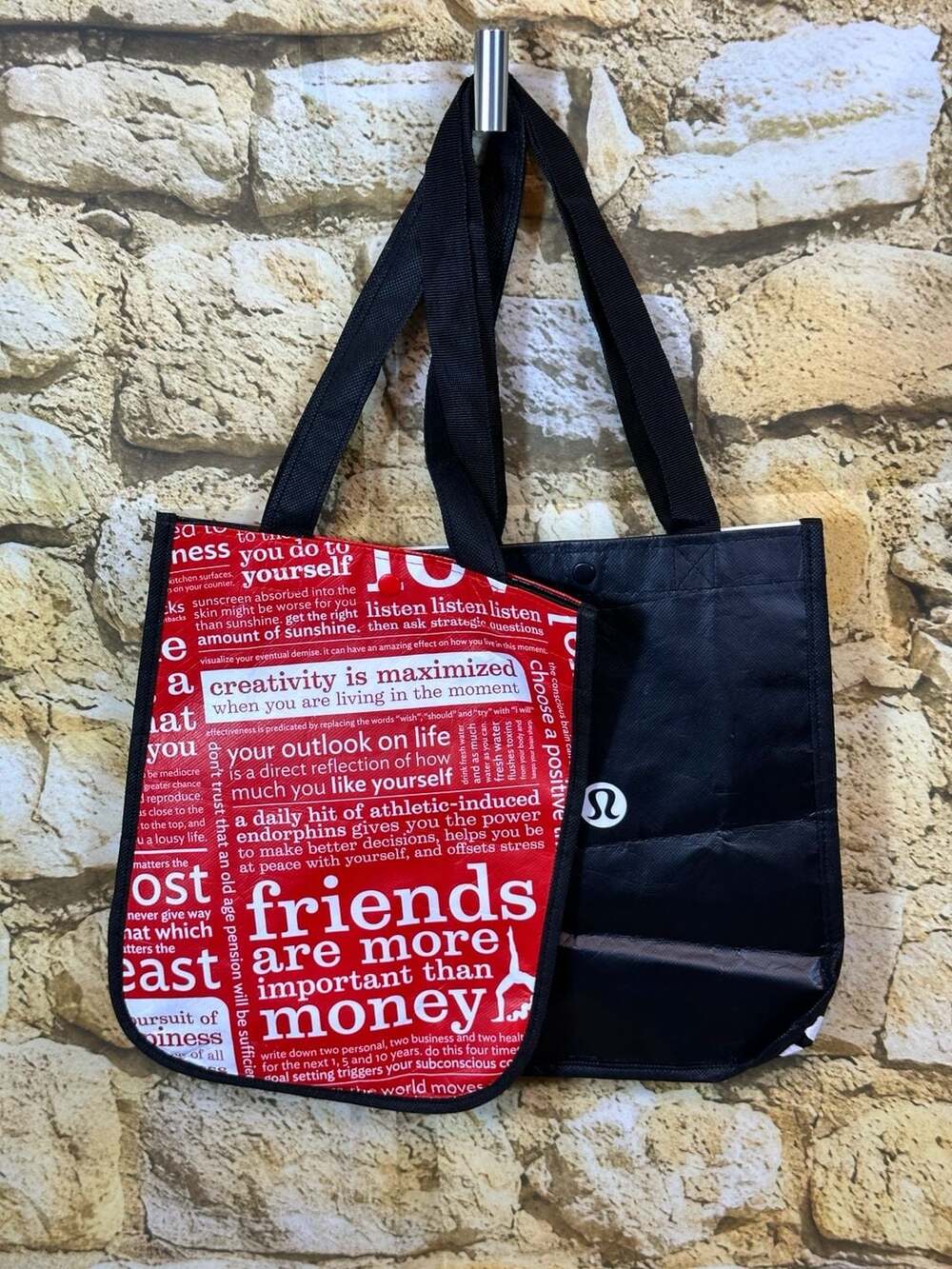 Lululemon Small Reusable Tote Shopping Bag Eco Friends Red Black Gym Yoga